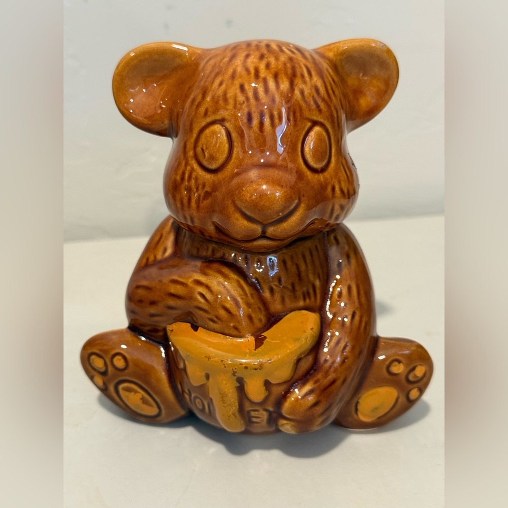 Vintage‎ Brown Ceramic Bear Honey Holder Homey Pot Marked Made in Taiwan B